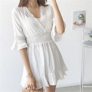 Plunge-neck Lace-trim A-line Mini Dress