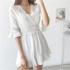 Plunge-neck Lace-trim A-line Mini Dress
