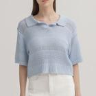 Perforated Cropped Knit Polo Shirt