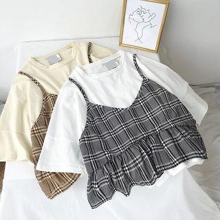Check Mock Two-piece Short-sleeve T-shirt