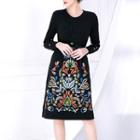 Long-sleeve Ribbed Embroidered Dress
