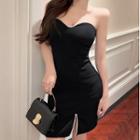 Strapless Contrast Trim Slit Mini Sheath Dress