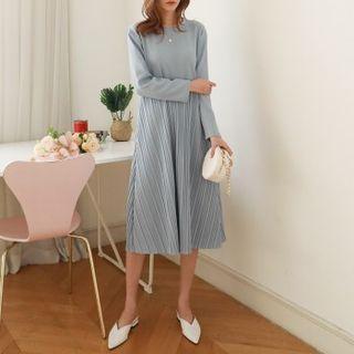 Round-neck Pleated-hem Dress Light Beige - One Size