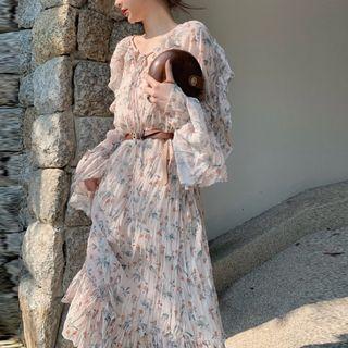 Floral Print Ruffle Trim Midi Dress