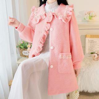 Ruffled Faux Pearl Button Wool Coat