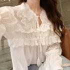 Lace Trim Long Sleeve Blouse White - One Size
