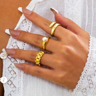 Set Of 3: Faux Pearl / Alloy Ring (various Designs)