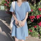 Short-sleeve V-neck Denim Shift Dress