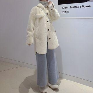 Collared Fleece Button Coat / High Waist Wide-leg Pants