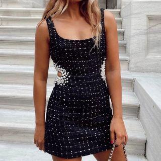 Sleeveless Faux Pearl Accent Tweed Mini Dress
