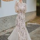 Bell-sleeve Print Midi Qipao Dress