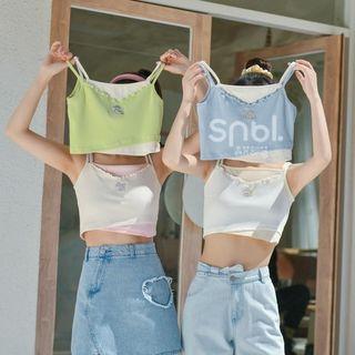 Mock Two-piece Cartoon Embroidered Cropped Camisole Top