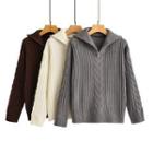 Long Sleeve Collar Zip-detail Loose-fit Cable-knit Sweater