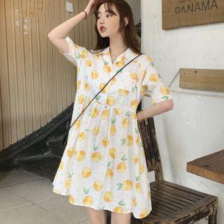 Fruit Print Elbow-sleeve Mini A-line Shirtdress