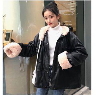 Faux Fur Panel Faux Leather Biker Jacket