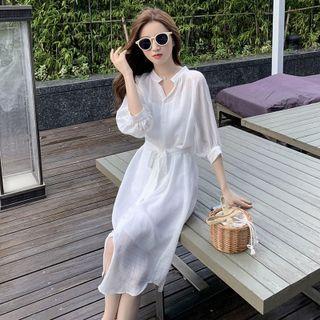 Set: Elbow-sleeve Henley Midi Shirtdress + Slipdress