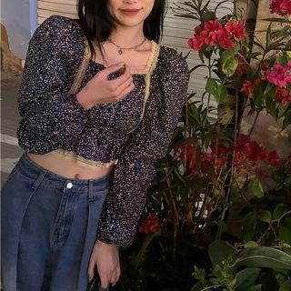 Floral Lace Trim Cropped Blouse