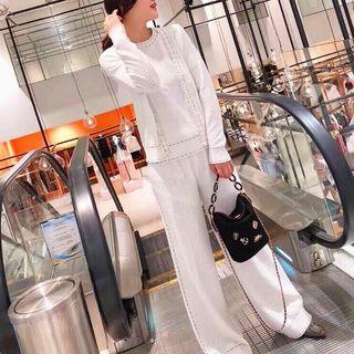 Set: Short-sleeve Knit Top + Wide-leg Pants + Cardigan