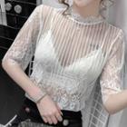 Elbow-sleeve Mock-neck Lace Top