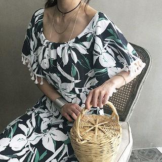 Tassel-trim Floral Pattern Linen Blend Long Dress