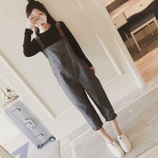 Set: Long-sleeve Knit Top + Plaid Harem Jumper Pants