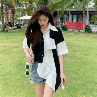 Elbow-sleeve Two-tone Asymmetrical Shirt