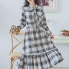 Tie-neck Plaid Long-sleeve Midi A-line Dress