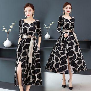 Long-sleeve Cow Print Midi A-line Dress