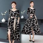 Long-sleeve Cow Print Midi A-line Dress