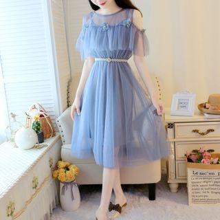 Set: Cold-shoulder Midi Mesh Dress + Spaghetti Strap Dress