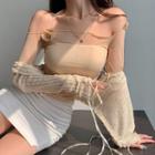 Long-sleeve Sheer Embroidered Top Beige - One Size