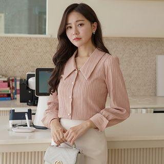 Chelsea-collar Faux-pearl Striped Blouse