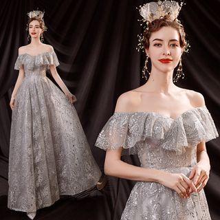 Off-shoulder Ruffled Embellished A-line Evening Gown
