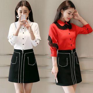 Set: Ruffled Long-sleeve Blouse + A-line Skirt