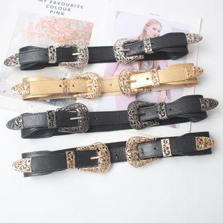 Engraved Buckle Faux Leather Belt