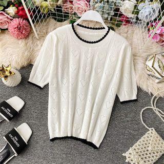 Short-sleeve Heart Patterned Knit Top White - One Size