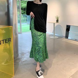 Long-sleeve Plain Sheer T-shirt / High-waist Argyle Printed Skirt