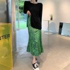 Long-sleeve Plain Sheer T-shirt / High-waist Argyle Printed Skirt