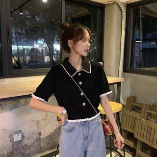 Short-sleeve Ruffle Polo Shirt Black - One Size
