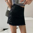 Cross Strap-side Frayed Denim Mini Skirt