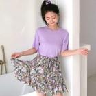 Set: Elbow-sleeve T-shirt + Floral Print Mini A-line Skirt