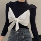 Long-sleeve Bow Accent T-shirt Black - One Size