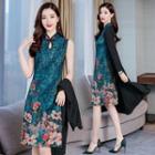 Set: Sleeveless Floral Pattern Mandarin Collar Dress + Open Front Long Jacket