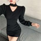 Long Sleeve Halter Drawstring Dress