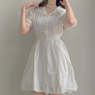 Collared Puff-sleeve Mini A-line Dress As Shown In Figure - One Size