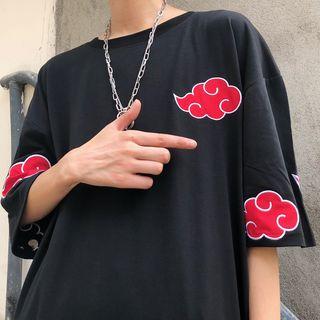 Applique Elbow-sleeve T-shirt Black - One Size