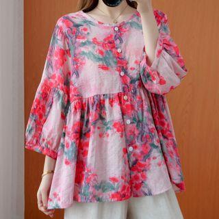 3/4-sleeve Floral Print Buttoned Linen Blend Top