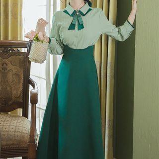Set: Contrast Trim Shirt + Midi A-line Skirt