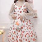 Long-sleeve Mesh Top / Strawberry Print Wide Strap A-line Dress / Set