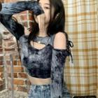 Long-sleeve Cold Shoulder Cropped T-shirt Dark Gray - One Size
